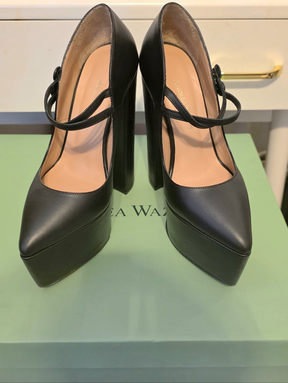 Andrea Wazen Black Pointed Mary Jane Heels